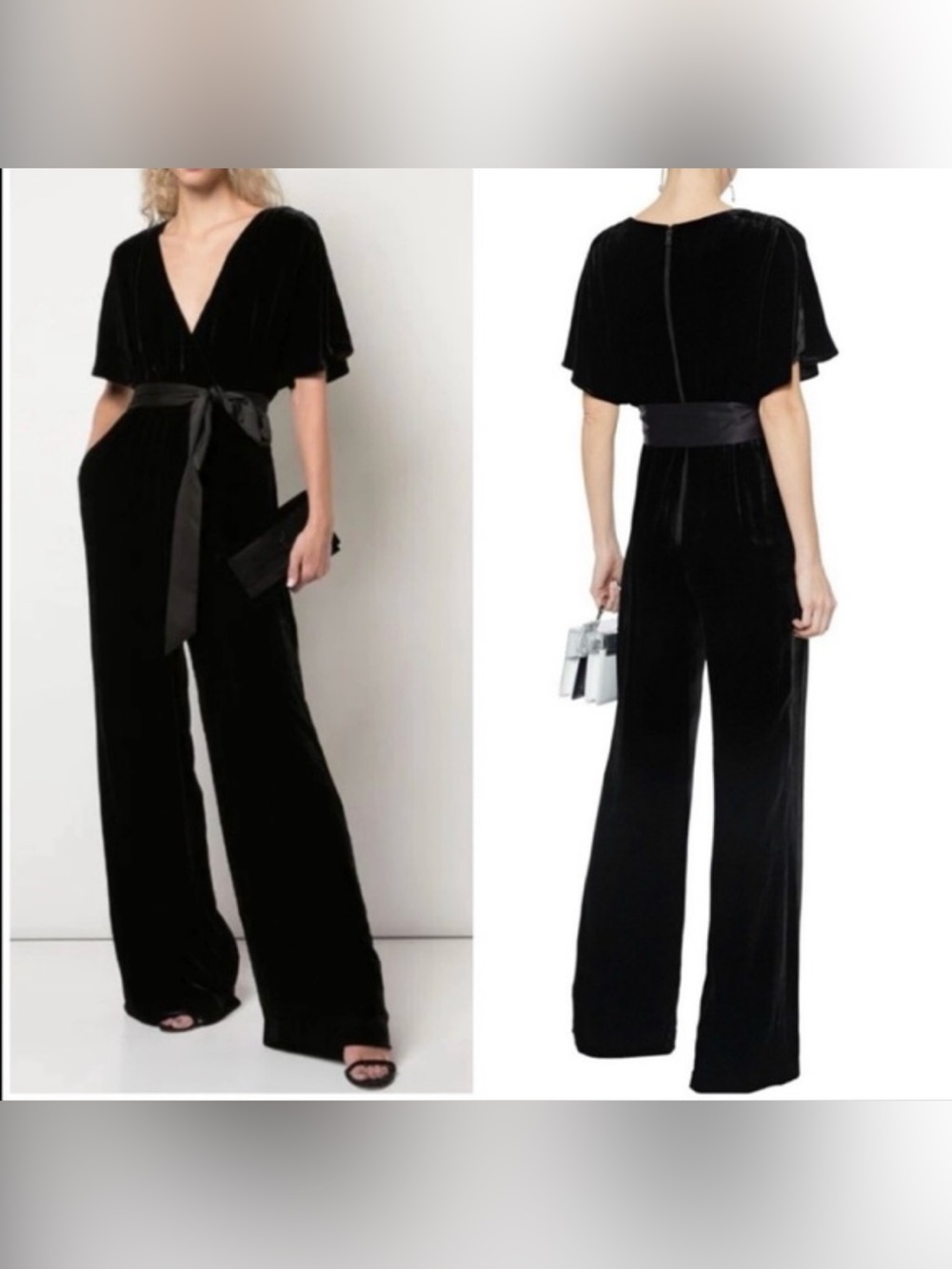 Alice + Olivia Black Velvet Wide Leg Wrap Jumpsuit Satin Sash Belt Sz 6 v neck